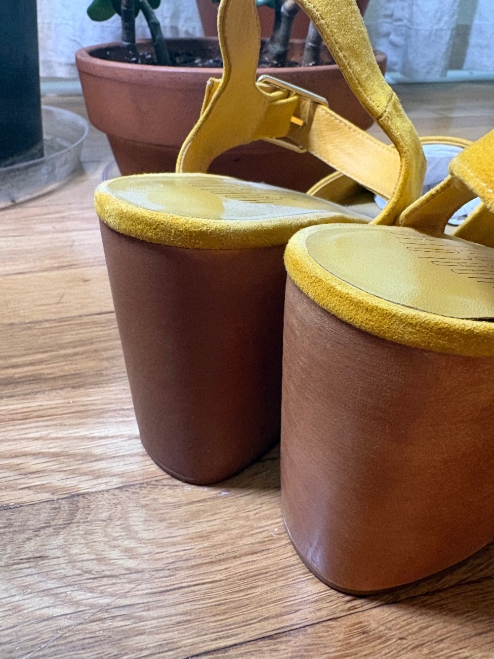 Charlotte Stone Sal Wooden Block Platform Heels in Ochre Yellow Women's US 10 - Picture 9 of 14